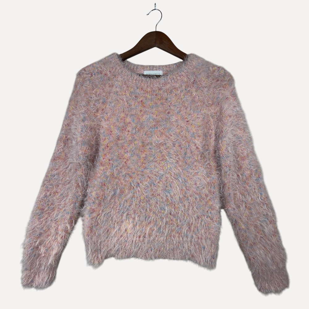 Studio White Fuzzy Eyelash Knit Sweater Pink Confetti One Size Balletcore